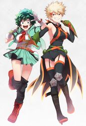  2girls :d adapted_costume bakugou_katsuki belt bike_shorts black_dress black_gloves black_legwear black_shorts blonde_hair boku_no_hero_academia boots breasts clothes_lift collared_shirt commentary_request dress dress_shirt elbow_gloves full_body garter_straps genderswap_(mtf) gloves green_eyes green_gloves green_hair green_jacket grin hair_ornament high_heel_boots high_heels hood hooded_jacket idol jacket knee_pads looking_at_viewer loose_belt maneki-neko_(fujifuji) medium_breasts microphone midoriya_izuku miniskirt multiple_girls necktie open_clothes open_jacket open_mouth pleated_skirt red_belt red_eyes red_footwear red_necktie rule_63 shirt short_dress short_hair short_sleeves shorts sideboob skirt skirt_lift smile spiked_hair sweat thighhighs white_gloves white_shirt x_hair_ornament 