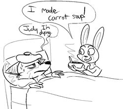  2016 anthro black_and_white canid canine disney duo english_text female fox judy_hopps lagomorph leporid male mammal monochrome nick_wilde rabbit red_fox simple_background text true_fox visiti zootopia 