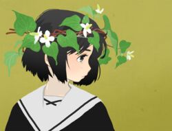  akai_sashimi black_eyes black_hair black_shirt bob_cut close-up commentary_request expressionless eyelashes female fish_mint_(plant) flower grey_eyes head_wreath leaf looking_away looking_to_the_side original profile sailor_collar shirt short_hair simple_background solo upper_body white_flower white_shirt yellow_background 