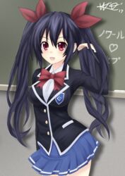  :d alternate_costume black_hair blush bow chalkboard commentary_request female hair_lift hair_ribbon hand_up highres long_hair looking_at_viewer neptune_(series) noire_(neptunia) open_mouth red_eyes ribbon school_uniform smile solo twintails weresdrim 