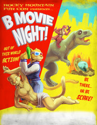  2016 3d_glasses anthro b-movie convention digital_media_(artwork) dinosaur english_text extinct eyewear felid fire fur glasses group gun lion male mammal movie_poster pantherine poster poster_template prehistoric_species ranged_weapon raygun reptile retrofuturism rick_griffin scalie teeth text theropod title tyrannosaurid tyrannosauroid tyrannosaurus tyrannosaurus_rex weapon 