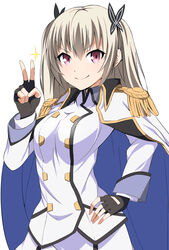  &gt;:) absurdres black_gloves commentary_request epaulettes female fingerless_gloves gloves grey_hair hair_between_eyes hair_ornament hal-bard hand_on_own_hip highres long_hair looking_at_viewer military military_uniform qualidea_code red_eyes simple_background smile solo standing tenkawa_maihime uniform v v-shaped_eyebrows white_background 