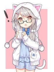  ! :o animal_hood bell blue_bow blue_bowtie blue_shorts blush bow bowtie bright_pupils brown_eyes cat_hood cat_tail chinese_commentary coffee coffee_mug commentary cowboy_shot cup female glasses grey_hair hair_ornament hair_over_shoulder hairclip holding holding_cup hood hood_up hoodie jingle_bell long_hair long_sleeves looking_at_viewer low_ponytail mug ning_hai_(warship_girls_r) oerba_yun_fang open_clothes open_hoodie open_mouth pajamas pink_background pocket pom_pom_(clothes) shorts simple_background sleeves_past_wrists solo standing steam tail tengxiang_lingnai warship_girls_r 