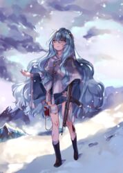  absurdres android bandaged_leg bandaged_neck bandages blood blood_bag blood_on_face blue_dress blue_eyes blue_hair boots buttons cloud cloudy_sky commentary_request double-breasted dress female footprints girls&#039;_frontline gun hair_between_eyes hands_up highres injury intravenous_drip long_hair mountain outdoors ribeyrolles_(girls&#039;_frontline) ribeyrolles_1918 rifle shan sky snowing solo tassel very_long_hair wavy_hair weapon 