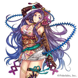  arm_up ass bare_shoulders belt blade breasts cleavage commentary_request company_name cowboy_shot elbow_gloves eyes_visible_through_hair female floral_print flower gloves hair_ornament holding holding_weapon japanese_clothes jewelry kimono large_breasts long_hair looking_at_viewer madogawa multicolored_eyes necklace obi official_art photoshop_(medium) purple_eyes purple_hair ribbon rope sash sengoku_gensoukyoku short_kimono simple_background sleeveless smile solo spikes tassel very_long_hair wavy_hair weapon whip white_background 