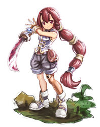  abe_kanari black_shorts closed_mouth commentary_request dark_chronicle faux_figurine female full_body gloves highres holding holding_sword holding_weapon long_hair looking_at_viewer monica_(dark_chronicle) multi-tied_hair photoshop_(medium) ponytail red_eyes red_hair shirt shoes shorts simple_background sleeveless sleeveless_shirt smile solo standing sword weapon white_background 