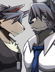  anthro bearlovestiger13 canid canine canis clothed clothing dog_tags domestic_dog dress_shirt duo eyewear father_(lore) father_and_child_(lore) father_and_son_(lore) glasses grey_background hi_res husky kouya_(morenatsu) male mammal mitsuhisa_aotsuki morenatsu muscular muscular_male necktie nordic_sled_dog parent_(lore) parent_and_child_(lore) parent_and_son_(lore) shirt simple_background smile son_(lore) spitz tank_top topwear 