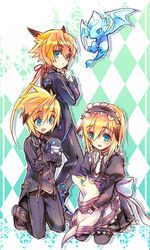  3boys apron aqua_eyes butler canine checkered_background chung_seiker commentary_request dragon elsword fury_guardian_(elsword) highres kneeling long_hair maid maid_apron maid_headdress male_focus multiple_boys otoko_no_ko pet phoru_(elsword) ribbon shelling_guardian_(elsword) shooting_guardian_(elsword) short_hair smile wanko_(takohati8) 