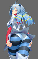  absurdres ahoge ass back black_legwear blonde_hair blue_hair blue_legwear blue_panties boots breasts commentary_request cowboy_shot eyelashes female from_behind grey_background guts_seijin hair_ornament hands_on_own_thighs heart heart-shaped_pupils highres lips long_hair long_sleeves looking_at_viewer looking_back medium_breasts multicolored_eyes multicolored_hair multicolored_pantyhose panties panties_over_pantyhose pantyhose personification redauto simple_background sleeves_past_wrists solo streaked_hair striped_clothes striped_pantyhose symbol-shaped_pupils thigh_boots thighhighs ultra_kaijuu_gijinka_keikaku ultra_series ultraseven_(series) underwear upskirt 