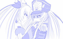  2girls altair_(re:creators) blue_theme clenched_teeth commentary detached_sleeves english_commentary high_collar highres long_hair looking_at_another monochrome multiple_girls photoshop_(medium) re:creators simple_background sirius_(re:creators) spoilers teeth twintails upper_body viperxtr white_background 