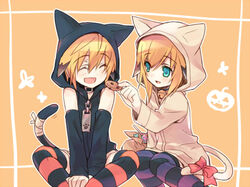  2boys animal_ears animal_hood cat_ears cat_tail chung_seiker closed_eyes commentary_request elsword feeding fury_guardian_(elsword) hood hoodie jack-o&#039;-lantern male_focus multiple_boys multiple_persona open_mouth otoko_no_ko shooting_guardian_(elsword) smile tail tail_wagging wanko_(takohati8) 