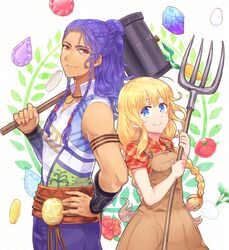  1boy arm_guards armlet blonde_hair blue_eyes blush bokujou_monogatari bokujou_monogatari:_mittsu_no_sato_no_taisetsuna_tomodachi braid breasts carrot carrying_over_shoulder closed_mouth coin collared_shirt commentary_request cowboy_shot dress_shirt egg eyebrows female flower gem gradient half_updo hammer hand_on_own_hip height_difference hibiscus holding jewelry long_hair looking_at_viewer ludus_(bokujou_monogatari) multiple_braids nanami_(bokujou_monogatari) necklace overalls patterned_background pendant pitchfork plaid plaid_shirt pocket polka_dot polka_dot_background purple_hair red_eyes red_flower sash shirt short_sleeves side_braid sleeveless sleeves_pushed_up small_breasts smile sumimoto_ryuu tan tomato turnip twin_braids twintails v-neck wavy_hair white_background 