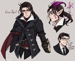  1boy aqua_eyes artist_name assassin&#039;s_creed:_syndicate assassin&#039;s_creed_(series) blue_eyes braid brown_hair cape commentary_request demon_boy evie_frye freckles genderswap_(ftm) glasses horns multiple_views ponytail rule_63 shinzui_(fantasysky7) short_hair single_braid smile translation_request 