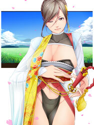  ;| aratama_(a-tama) breasts brown_eyes brown_hair cleavage cleavage_cutout clothing_cutout cloud commentary_request cowboy_shot detached_sleeves female fuchi_(hilt) groin hair_ornament head_tilt huge_breasts katana lips looking_at_viewer meadow mountain navel one_eye_closed original petals sageo see-through sky smile solo standing swept_bangs sword tassel tsuba_(guard) tsuka-ito tsuka_(handle) weapon wind 