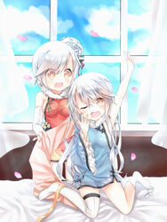  2girls arm_up arm_warmers asymmetrical_legwear bare_shoulders bed_sheet blue_dress blush breasts brown_eyes cherry_blossoms china_dress chinese_clothes cloud cloudy_sky commentary curtains day dress fingernails frilled_sleeves frills fur_collar grey_hair hair_between_eyes hair_bun hair_ribbon hand_up highres holding indoors kneehighs kneehighs_pull long_hair long_sleeves looking_at_viewer machinery medium_breasts mismatched_legwear multiple_girls ning_hai_(warship_girls_r) oerba_yun_fang on_bed one_eye_closed open_mouth petals ping_hai_(warship_girls_r) pink_ribbon red_dress ribbon side_slit sideboob single_hair_bun single_kneehigh single_side_bun single_sleeve single_sock single_thighhigh sitting sky sleepy small_breasts socks standing symbol-only_commentary tareme taut_clothes taut_dress tears tengxiang_lingnai thighhighs transparent very_long_hair wariza warship_girls_r wavy_mouth white_legwear white_sleeves wide_sleeves window yawning yellow_ribbon 