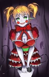  baby_(fnaf) blush_stickers bowtie breasts female five_nights_at_freddy&#039;s five_nights_at_freddy&#039;s:_sister_location green_eyes holding holding_microphone looking_at_viewer microphone orange_hair robot robotic_parts short_hair skirt smile solo twintails 