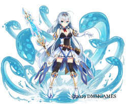  2019 ahoge aqua_eyes bare_shoulders belt black_shirt black_thighhighs boots breasts cleavage closed_mouth commentary_request detached_collar elbow_gloves female full_body gemini_seed gloves grey_hair hair_between_eyes hair_intakes hair_ornament headdress holding holding_sword holding_weapon knee_boots lace_trim legs_apart long_hair looking_at_viewer medium_breasts miniskirt official_art pleated_skirt reika_(gemini_seed) sheath shirt sidelocks skirt sleeveless solo standing strapless striped_clothes striped_thighhighs sword tahya tentacle thighhighs unsheathed very_long_hair waist_cape water watermark weapon white_background white_footwear white_gloves white_skirt x_hair_ornament zettai_ryouiki 