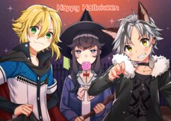  2boys animal_ears black_hair cardigan coat commentary_request female fur_trim grey_eyes grey_hair hair_between_eyes halloween happy_halloween hat izumo_kasumi_(nijisanji) looking_at_viewer miniru multiple_boys nijisanji oerba_yun_fang school_uniform suzuki_masaru uzuki_kou uzuki_kou_(1st_costume) virtual_youtuber witch_hat wolf_ears 