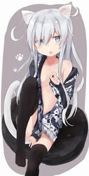  alternate_costume animal_ears black_thighhighs camouflage camouflage_jacket cat_ears cat_tail collarbone extra_ears eyes_visible_through_hair female grey_eyes grey_hair hair_between_eyes hibiki_(kancolle) highres jacket kantai_collection long_hair long_sleeves looking_at_viewer navel open_clothes sitting solo tail thighhighs verniy_(kancolle) verniy_(saury_festival)_(kancolle) yuki_(yukin0128) 