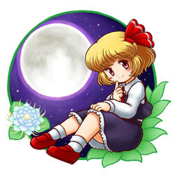  black_skirt black_vest blonde_hair blush commentary_request eyebrows female flower full_body full_moon hair_ornament hair_ribbon long_sleeves moon night night_sky nitamago red_eyes red_footwear red_ribbon ribbon rumia shirt shoes short_hair simple_background sitting skirt skirt_set sky socks solo star_(sky) touhou vest white_background white_shirt 