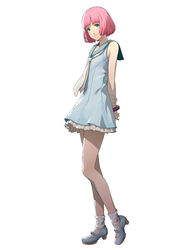  1boy arms_behind_back blue_dress blunt_bangs bracelet catherine:_full_body catherine_(game) dress full_body gimp_(medium) green_eyes high_heels jewelry looking_at_viewer male_focus official_art otoko_no_ko petite pink_hair rin_(catherine) simple_background smile socks soejima_shigenori solo spoilers white_background white_socks 