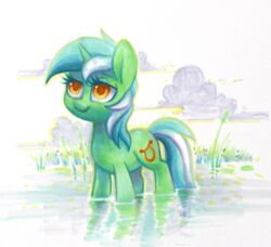  2017 amber_eyes cattail_(plant) celebi-yoshi cloud cutie_mark equid equine eyelashes female feral friendship_is_magic green_hair hair hasbro hi_res hooves horn lyra_heartstrings_(mlp) mammal marker_(artwork) multicolored_hair my_little_pony mythological_creature mythological_equine mythology outside plant pond portrait simple_background smile solo standing traditional_media_(artwork) two_tone_hair unicorn water white_background white_hair 