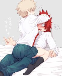  1boy ass assertive_female bakugou_katsuki bed_sheet blonde_hair blush boku_no_hero_academia breast_smother breasts collared_shirt commentary_request couple dress_shirt face_to_breasts female flustered flying_sweatdrops genderswap_(mtf) green_pants green_skirt kirishima_eijirou kneehighs long_sleeves looking_at_another maneki-neko_(fujifuji) medium_breasts miniskirt necktie nose_blush pants pleated_skirt reclining red_eyes red_hair red_necktie rule_63 school_uniform sharp_teeth shirt short_hair sitting sitting_on_lap sitting_on_person skirt socks spiked_hair straddling straight teeth u.a._school_uniform white_shirt 