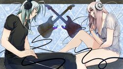  1boy bad_id bad_pixiv_id bare_legs breasts brother_and_sister cleavage commentary_request company_connection dog_tags female grey_hair headphones highres instrument large_breasts long_hair looking_at_viewer mascot nagonagohihumi naitou-kun nitro+_chiral nitroplus pink_eyes pink_hair red_eyes siblings sitting smile super_sonico 