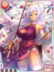  arrow_(projectile) bare_shoulders bow_(weapon) breasts cleavage cleavage_cutout clothing_cutout dark-skinned_female dark_skin detached_sleeves dress female garter_belt gloves koihime_musou kougai large_breasts light_purple_hair long_hair looking_at_viewer mole mole_under_mouth pelvic_curtain petals photoshop_(medium) ponytail sidelocks single_glove sleeveless smile solo thighhighs very_long_hair weapon 