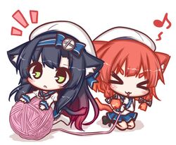  &gt;_&lt; 2girls :3 :o animal_ears beret black_hair black_socks blue_bow blue_neckwear blue_sailor_collar blue_skirt blush bow cat_ears cat_girl cat_tail chibi closed_eyes closed_mouth commentary_request eighth_note etorofu_(kancolle) facing_viewer gloves gradient_hair green_eyes hair_between_eyes hairbow hat juliet_sleeves kantai_collection kemonomimi_mode komakoma_(magicaltale) long_hair long_sleeves looking_at_viewer matsuwa_(kancolle) mouth_hold multicolored_hair multiple_girls musical_note no_shoes notice_lines pantyhose parted_lips pleated_skirt puffy_sleeves red_hair sailor_collar school_uniform seiza serafuku shirt sitting skirt socks tail thick_eyebrows v-shaped_eyebrows very_long_hair white_background white_gloves white_hat white_legwear white_shirt yarn yarn_ball 