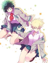  2girls ascot bakugou_katsuki blazer blonde_hair boku_no_hero_academia breasts clothes_lift collared_shirt commentary_request dress_shirt freckles genderswap_(mtf) green_eyes green_hair green_skirt grey_jacket jacket large_breasts long_sleeves looking_back looking_down maneki-neko_(fujifuji) medium_breasts midoriya_izuku miniskirt multiple_girls open_clothes open_jacket pleated_skirt red_ascot red_eyes rule_63 school_uniform shirt short_hair skirt skirt_lift spiked_hair u.a._school_uniform white_shirt 