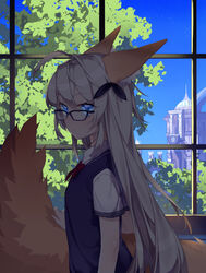  :/ ahoge animal_ears arm_at_side black-framed_eyewear blonde_hair blue_eyes bow bowtie building closed_mouth collared_shirt day deathalice elin_(tera) eyebrows_visible_through_hair fox_ears fox_tail from_side glasses hair_between_eyes highres indoors long_hair looking_at_viewer plaid_neckwear red_bow red_neckwear school_uniform shirt short_sleeves sky solo sweater_vest tail tera_online tree very_long_hair white_shirt window wing_collar 