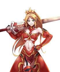  &gt;:) aged_up alternate_breast_size armor armored_dress bare_shoulders blonde_hair breasts chinese_commentary clarent_(fate) cleavage clothing_cutout commentary_request contrapposto detached_sleeves fate/apocrypha fate_(series) female garter_straps green_eyes hand_on_own_hip highres leebigtree long_hair looking_at_viewer medium_breasts mordred_(fate) mordred_(fate/apocrypha) navel over_shoulder ponytail smile smirk solo standing sword sword_over_shoulder thighhighs thighs underboob underboob_cutout v-shaped_eyebrows weapon weapon_over_shoulder white_background 