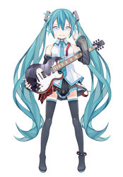  anklet aqua_eyes aqua_hair arm_up bare_shoulders belt breasts commentary_request detached_sleeves electric_guitar female full_body gibson_les_paul guitar hair_ornament hatsune_miku highres holding holding_instrument instrument jewelry kari_kenji long_hair looking_at_viewer nail_polish photoshop_(medium) shirt skirt sleeveless sleeveless_shirt small_breasts smile solo spiked_anklet standing thighhighs twintails very_long_hair vocaloid white_background white_shirt zettai_ryouiki 