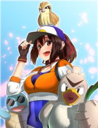  :d baseball_cap beak bird black_eyes blue_sky bodysuit breasts brown_eyes brown_gloves brown_hair choker collarbone commentary_request cosplay covered_navel creature_on_head cropped_jacket day farfetch&#039;d female female_protagonist_(pokemon_go) female_protagonist_(pokemon_go)_(cosplay) fingerless_gloves gloves hair_ribbon hat highres ise_(kancolle) jacket kantai_collection long_sleeves medium_breasts open_mouth orange_(sal1014) orange_jacket petals pidgey pokemon pokemon_(anime) pokemon_(creature) pokemon_go red_ribbon ribbon round_teeth skin_tight sky sleeves_past_elbows smile spring_onion squirtle sunglasses teeth upper_body zipper 