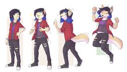  2018 5_fingers absurd_res accessory ambiguous_gender anthro base_one_layout basic_sequence biped black_hair black_nose blue_hair bottomwear bracelet breast_growth breasts canid canine clothed clothing digital_media_(artwork) fauvfox female fingers flat_chested footwear four_frame_image four_frame_sequence fully_clothed green_eyes growth hair happy hi_res human human_to_anthro inner_ear_fluff jewelry jumping lgbt_pride linear_sequence mammal multicolored_hair multicolored_wristband one_row_layout pants pattern_clothing plaid plaid_clothing pride_color_accessory pride_color_wristband pride_colors rolled_up_sleeves sequence shaded shirt shoes simple_background solo species_transformation surprise topwear transformation transformation_sequence transgender_pride_colors tuft two_tone_hair wristband 