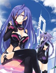  2girls ass back_cutout bare_shoulders blue_eyes blue_hair blue_sky blush breasts bustier cleavage cleavage_cutout clothing_cutout crossed_legs day earrings elbow_gloves expressionless from_behind gloves grin hair_between_eyes hair_ornament hand_on_own_cheek hand_on_own_face highres iris_heart jewelry kami_jigen_game_neptune_v leotard long_hair looking_at_viewer looking_back medium_breasts multiple_girls neptune_(series) outdoors pink_eyes power_symbol power_symbol-shaped_pupils purple_hair purple_heart_(neptunia) sitting sky smile symbol-shaped_pupils thighhighs thighs twintails very_long_hair zero_(ray_0805) 