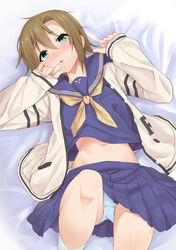  bed_sheet blue_serafuku blue_shirt blue_skirt blush brown_hair commentary_request female from_above green_eyes highres idolmaster idolmaster_cinderella_girls jacket kiyu_rei leg_up long_sleeves looking_at_viewer lying messy_hair navel neckerchief on_back on_bed open_mouth panties pantyshot pleated_skirt school_uniform serafuku shirt short_hair skirt sleeves_past_wrists socks solo tada_riina underwear white_panties white_socks 