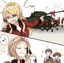  6+girls ? alisa_(girls_und_panzer) alternate_hairstyle assam_(girls_und_panzer) bad_id bad_twitter_id blonde_hair body_switch bow braid brown_hair closed_eyes coffee_mug cup darjeeling_(girls_und_panzer) girls_und_panzer hairstyle_switch kay_(girls_und_panzer) long_hair m4_sherman military military_vehicle motor_vehicle mug multiple_girls naomi_(girls_und_panzer) orange_pekoe_(girls_und_panzer) personality_switch phone red_hair rosehip_(girls_und_panzer) saunders_military_uniform sherman_firefly shouting smile smug sparkle st._gloriana&#039;s_military_uniform sweatdrop tank tanker_jacket unbuttoned unbuttoned_shirt yuuyu_(777) 