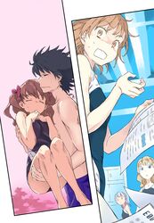  1boy 4girls bad_id bad_pixiv_id black_hair black_one-piece_swimsuit bow brown_eyes brown_hair carrying character_request closed_eyes colorized commentary_request competition_swimsuit haimura_kiyotaka hairbow highres holding kamijou_touma long_hair looking_at_viewer medium_hair misaka_mikoto multicolored_clothes multicolored_swimsuit multiple_girls novel_illustration official_art one-piece_swimsuit polaris55740 princess_carry red_bow school_swimsuit shirai_kuroko short_hair sweatdrop swimsuit toaru_majutsu_no_index toaru_majutsu_no_index:_new_testament tokiwadai_school_swimsuit two_side_up 