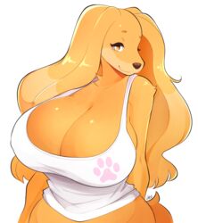  2017 amber_eyes anthro arms_behind big_breasts breasts canid canine canis cleavage clothed clothing digital_media_(artwork) domestic_dog eyelashes female female_anthro footprint fur hair hi_res huge_breasts hunting_dog looking_at_viewer mabel_(cherrikissu) mammal mature_anthro mature_female pawprint saluki shirt sighthound simple_background slightly_chubby smile solo theycallhimcake topwear white_background 