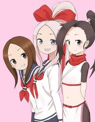  3girls commentary_request creator_connection crossover forehead fudatsuki_kyouko fudatsuki_no_kyouko-chan hair_ribbon highres karakai_jouzu_no_takagi-san kunoichi_tsubaki_no_mune_no_uchi looking_at_viewer midriff multiple_crossover multiple_girls ninja pelvic_curtain ponytail ribbon sailor_collar school_uniform sharp_teeth simple_background skirt takagi-san teeth trait_connection tsubaki_(kunoichi_tsubaki_no_mune_no_uchi) white_hair yotsugi 