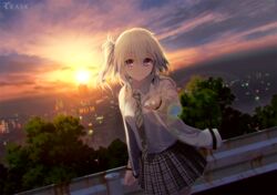  ai_(re:lief) backlighting building city city_lights cloud commentary_request derivative_work dutch_angle female hood hoodie kurono_mitsuki lens_flare logo looking_at_viewer mocha_(cotton) outdoors plaid plaid_skirt purple_eyes railing re:lief_~shin&#039;ai_naru_anata_e~ reaching reaching_towards_viewer rust scenery school_uniform short_hair side_ponytail skirt sky smile solo sun sunset tree watermark white_hair 