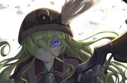  &gt;:( black_gloves blonde_hair blue_eyes closed_mouth collared_shirt colored_eyelashes commentary english_commentary female frown gloves glowing glowing_eyes green_shirt hair_over_one_eye hat_feather head_tilt highres hikari_niji holding long_hair looking_at_viewer lyza_(made_in_abyss) made_in_abyss mining_helmet photoshop_(medium) pickaxe shirt solo upper_body v-shaped_eyebrows whistle white_background wing_collar 