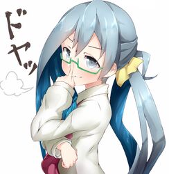  artist_name bespectacled blue_bow blue_bowtie blue_eyes blue_hair blush boruhis bow bowtie closed_mouth collared_shirt commentary_request doyagao eyebrows female finger_to_eyewear from_side glasses green-framed_eyewear hair_ornament hand_up index_finger_raised kantai_collection kiyoshimo_(kancolle) long_hair long_sleeves looking_at_viewer multicolored_hair semi-rimless_eyewear shirt simple_background smile smug solo translated two-tone_hair under-rim_eyewear upper_body white_background white_shirt 