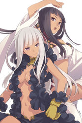  2girls arm_up bad_id bad_pixiv_id bindi black_hair blunt_bangs breasts bustier chaps commentary_request cyda_afrarn dark-skinned_female dark_skin detached_sleeves family gloves long_hair long_sleeves lu_afrarn medium_breasts multiple_girls navel nomoc open_mouth purple_eyes revealing_clothes short_shorts shorts smile summon_night summon_night_5 white_hair wide_sleeves yellow_gloves 