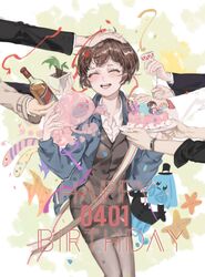  4boys :d absurdres alcohol blush brown_hair closed_eyes commentary_request confetti facing_viewer female fish ginoza_nobuchika hands happy_birthday headpat highres kagari_shuusei masaoka_tomomi multiple_boys open_mouth pantyhose party_popper pencil_skirt plant potted_plant psycho-pass short_hair skirt smile solo_focus tsunemori_akane tuta watch wristwatch 