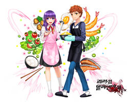  1boy apron bad_id bad_pixiv_id black_apron black_skirt blue_gloves blue_pants briska brown_eyes brown_hair cherry_blossom_print collarbone cooking_pot copyright_name dress_shirt emiya-san_chi_no_kyou_no_gohan emiya_shirou fate/stay_night fate_(series) female floral_print floral_print_apron food full_body gloves grey_shirt hair_between_eyes hair_ribbon holding holding_cooking_pot homurahara_academy_school_uniform kai-ri-sei_million_arthur ladle long_hair long_sleeves looking_at_viewer matou_sakura medium_skirt million_arthur_(series) mittens neck_ribbon official_art pants photoshop_(medium) pink_apron pink_ribbon pleated_skirt print_apron purple_eyes purple_hair red_ribbon ribbon school_uniform shirt skirt slippers smile socks white_background white_shirt white_socks 