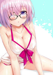  :o absurdres ass_visible_through_thighs bad_id bad_pixiv_id bikini bikini_bottom_only black-framed_eyewear blush bow breasts cleavage collarbone dombear dress dress_bow dress_swimsuit fate/grand_order fate_(series) female glasses hair_over_one_eye highres large_breasts light_purple_hair looking_at_viewer mash_kyrielight mash_kyrielight_(swimsuit_of_perpetual_summer) official_alternate_costume open_mouth partially_visible_vulva pink_bow purple_eyes see-through shiny_skin short_hair simple_background sitting solo sweatdrop swimsuit upper_body wet wet_clothes white_bikini white_dress 