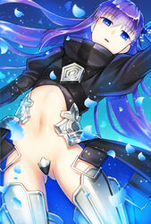  armor armored_boots ass_visible_through_thighs black_jacket blue_bow blue_eyes blue_hair boots bow commentary_request cropped_jacket crotch_plate fate/extra fate/extra_ccc fate/grand_order fate_(series) female gradient_eyes gradient_hair greaves hair_between_eyes hairbow high_collar jacket knee_boots light_particles long_hair long_sleeves looking_at_viewer meltryllis_(fate) multicolored_eyes multicolored_hair navel open_clothes open_mouth parted_lips petals puffy_long_sleeves puffy_sleeves purple_eyes purple_hair raito_(latek) solo very_long_hair 